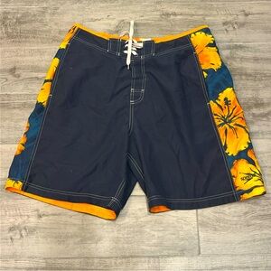 Speedo Mens Swim Beach Trunks Shorts Size Large Navy Blue & Floral Elastic Waist
